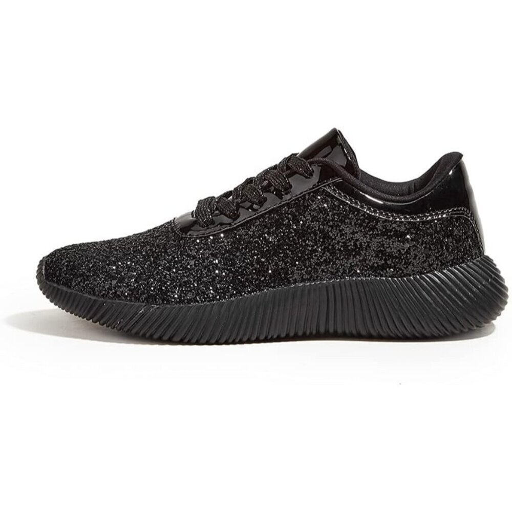 Brand New Women Black Rubber Glitter Sparkly Lightweight Tennis Shoes Lucky Step
